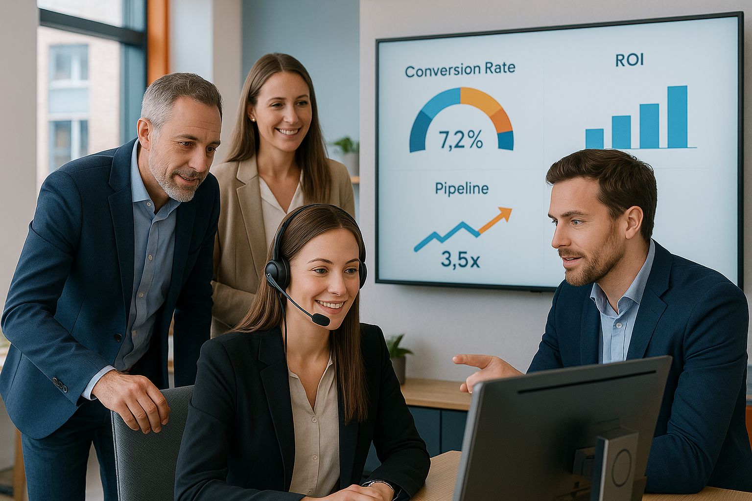 Photorealistic modern B2B sales team collaborating with a professional callcenter agent wearing a headset dashboard with KPIs conversion rate pipeline ROI on a screen Dutch office environment with subtle orangeblue accents clean lighting compliant an